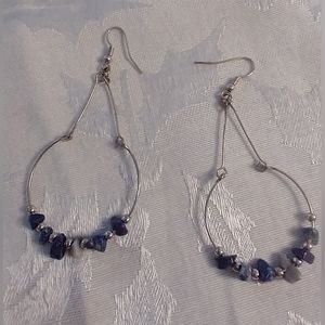 Gold Tone Circle Blue Stone Rock Ball Earrings Wire Pierced Dangle Drop